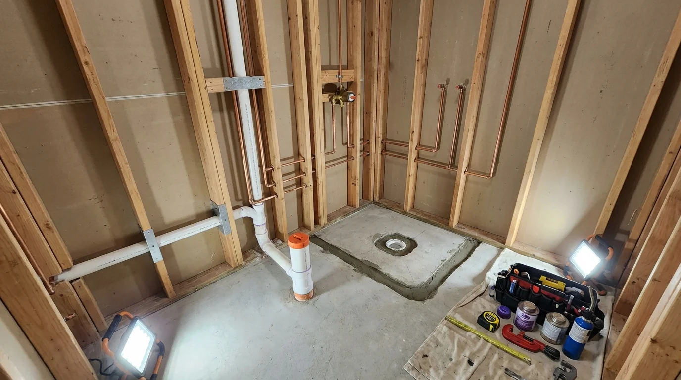 Bathroom rough-in plumbing during remodel by Johns Plumbing LLC in Chalmette