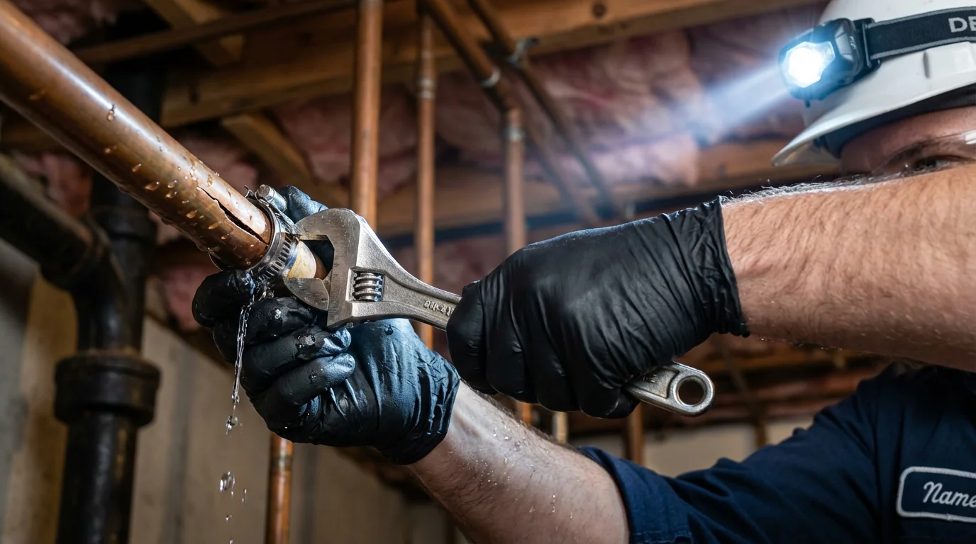 Emergency pipe clamp repair being performed by a Johns Plumbing LLC plumber in Chalmette