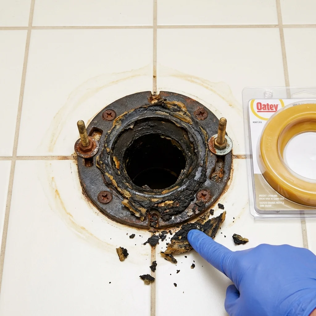 Failed wax ring showing water seepage at the base of a toilet in a Chalmette, LA home