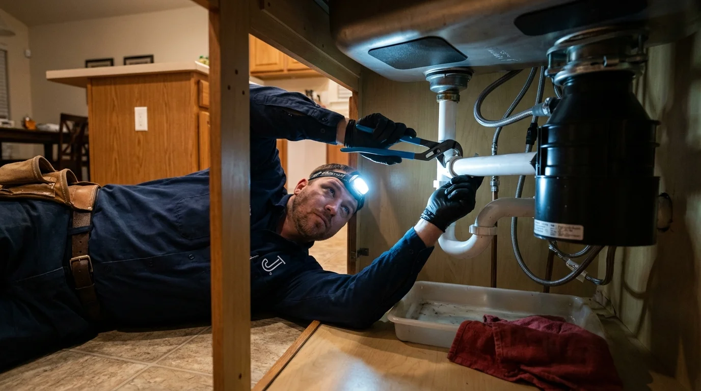 P-trap and supply line connections under a kitchen sink showing a common leak point in Chalmette, LA